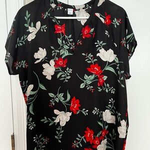 Old Navy Black Floral Blouse with Red and White Accents